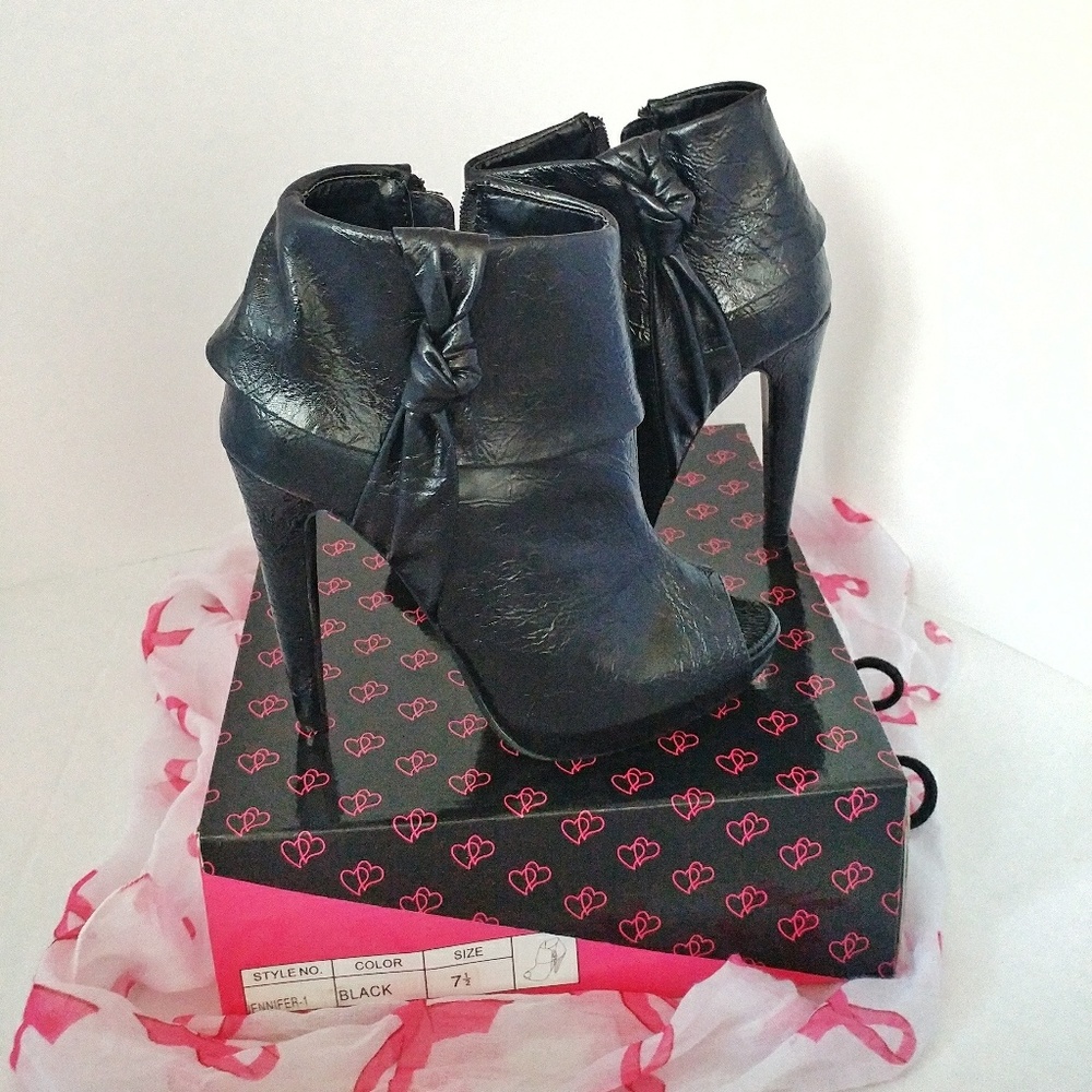 Women's Black Peep Toe Heeled Boots, Ankle Booties